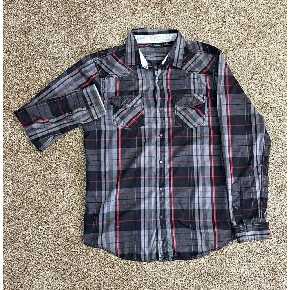 Burnside Men's XL Plaid Long Sleeve Button-Up Shirt w/ Pockets Gray/Black/Red